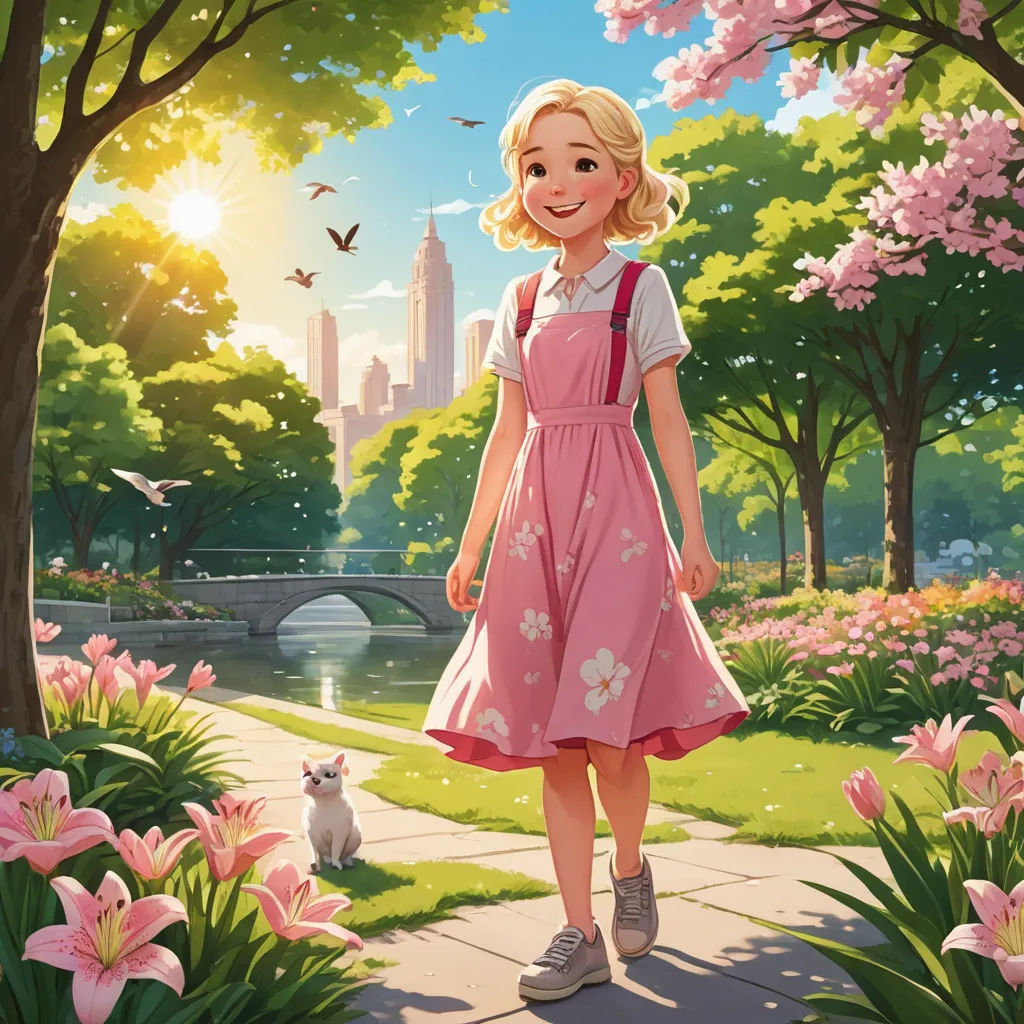 a girl in a pink dress standing in a park with a cat and a bridge in the background with pink flowers, american scene painting, a storybook illustration, Cliff Childs, official art