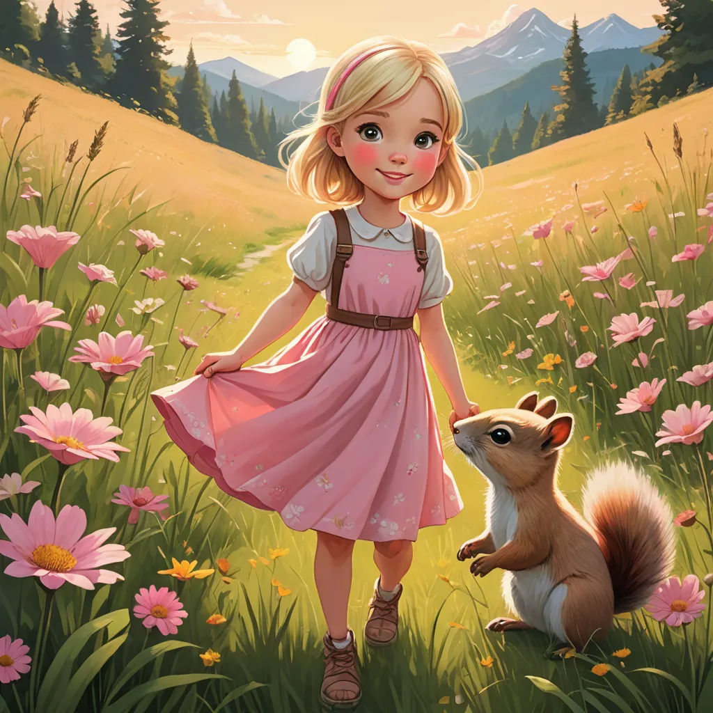a painting of a girl and a squirrel in a field of flowers with mountains in the background and a sunset, sots art, a storybook illustration, Alice Prin, official art
