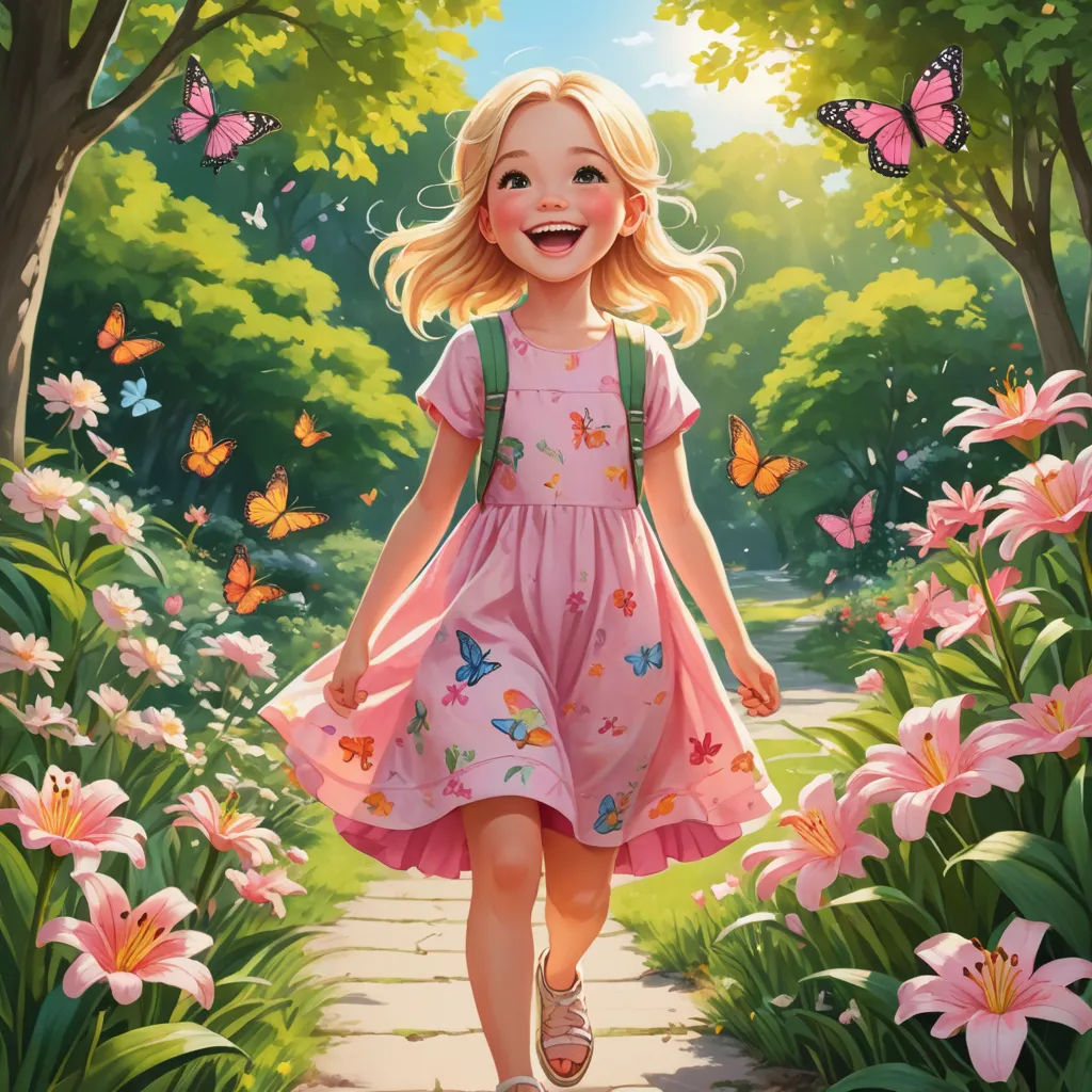 a little girl walking through a garden with pink flowers and butterflies on her head and a green backpack on her shoulder, fantasy art, a storybook illustration, Cliff Childs, official art