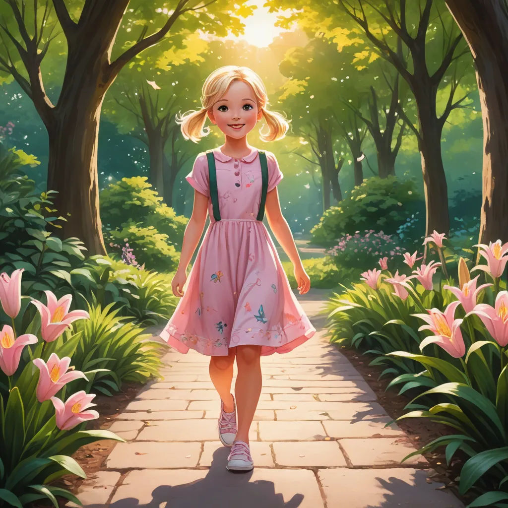 a painting of a little girl walking down a path in a park with flowers and trees on either side, fantasy art, a storybook illustration, disney, rossdraws global illumination