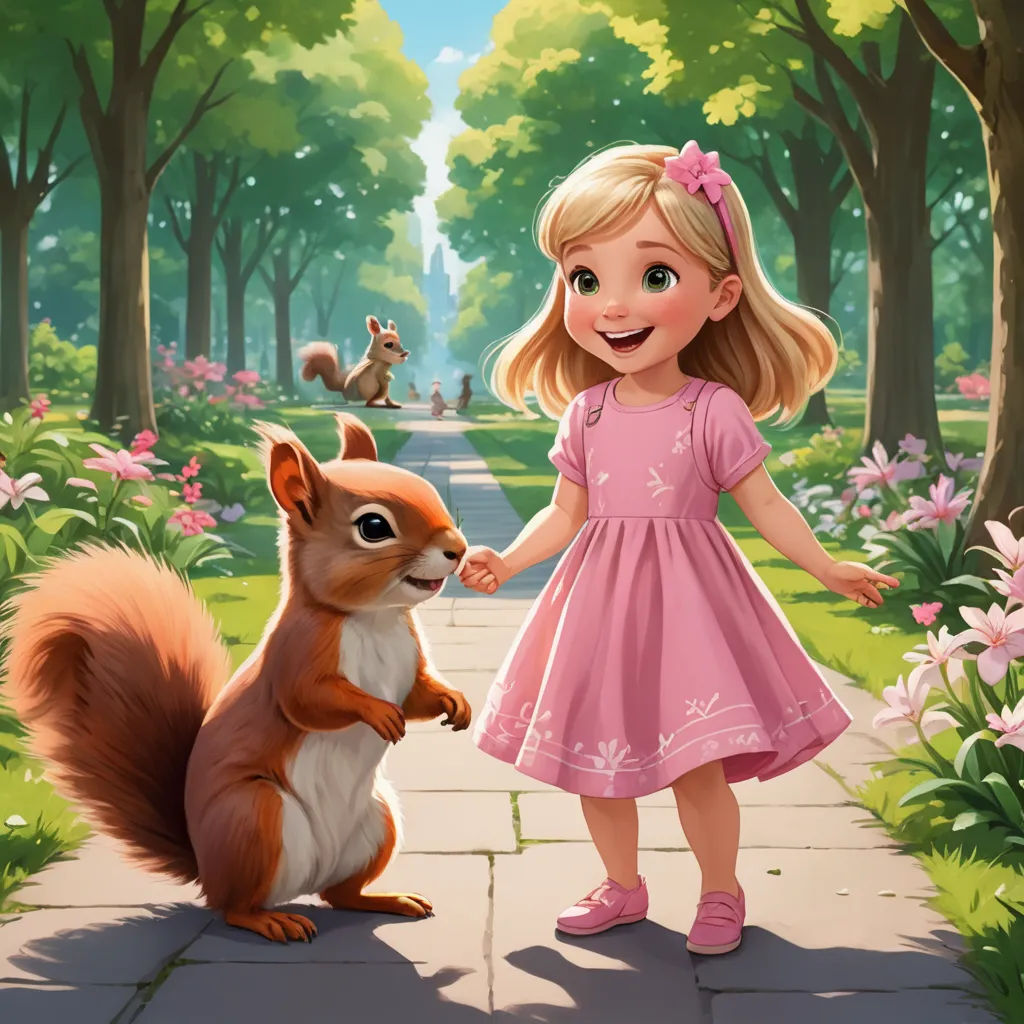 a little girl holding a squirrel's hand in a park with a squirrel and squirrel on the other side, sots art, a storybook illustration, Chris LaBrooy, official art