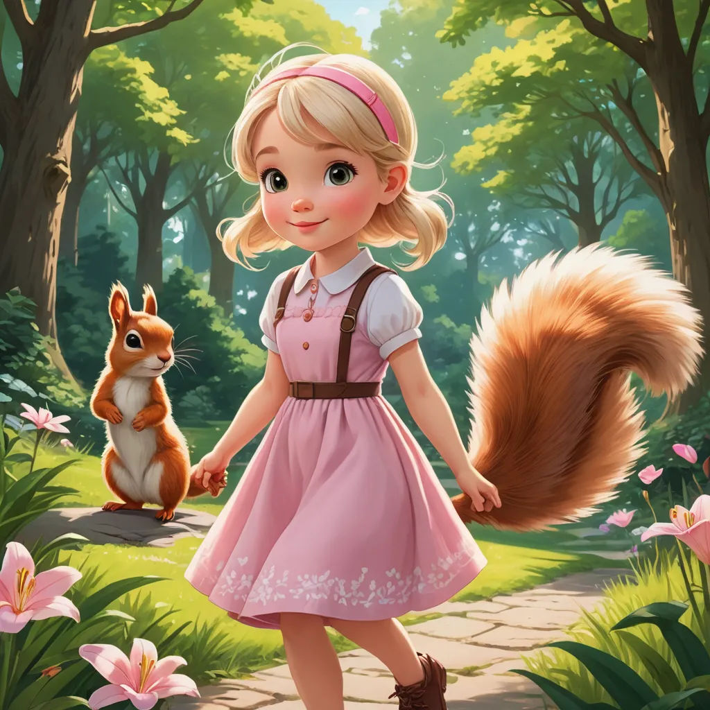a girl in a pink dress holding a squirrel's tail in a forest with flowers and trees in the background, furry art, a storybook illustration, Chippy, kinkade
