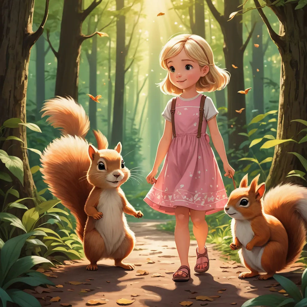 a little girl standing next to two squirrels in a forest with leaves flying around her and a forest background, furry art, a storybook illustration, Cliff Childs, rossdraws global illumination