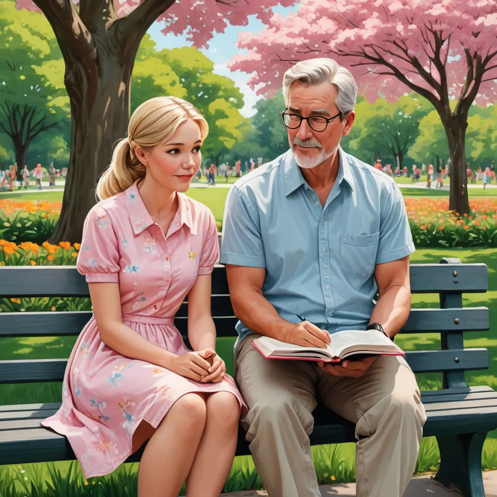 a man and a woman sitting on a bench in a park reading a book together, with a cherry blossom tree in the background, american scene painting, an oil painting, F Scott Hess, official art