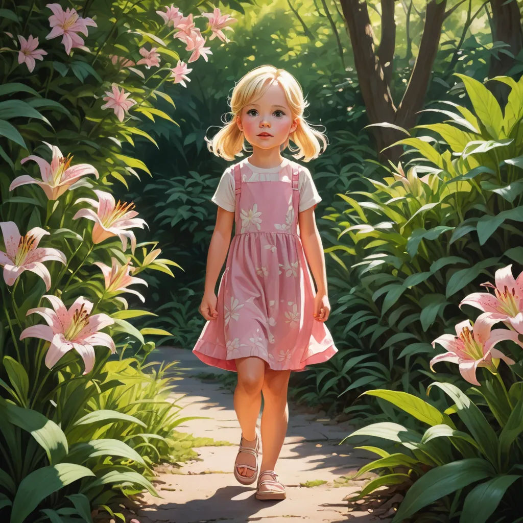 a little girl walking down a path in a garden with flowers and trees in the background, with a pink dress on, photorealism, a detailed painting, Bob Byerley, detailed oil painting