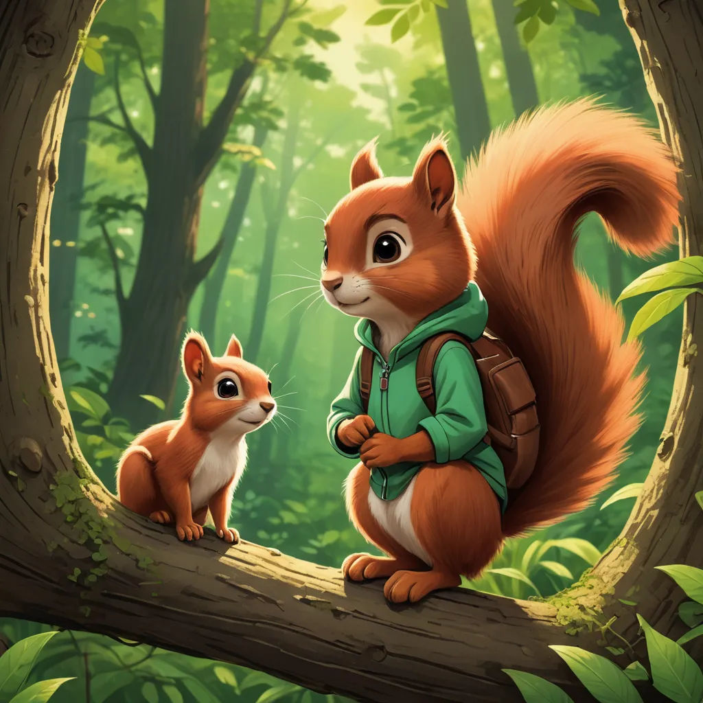 a squirrel and a squirrelling are sitting on a tree branch in the forest, looking at each other, sots art, a storybook illustration, Chris LaBrooy, official art