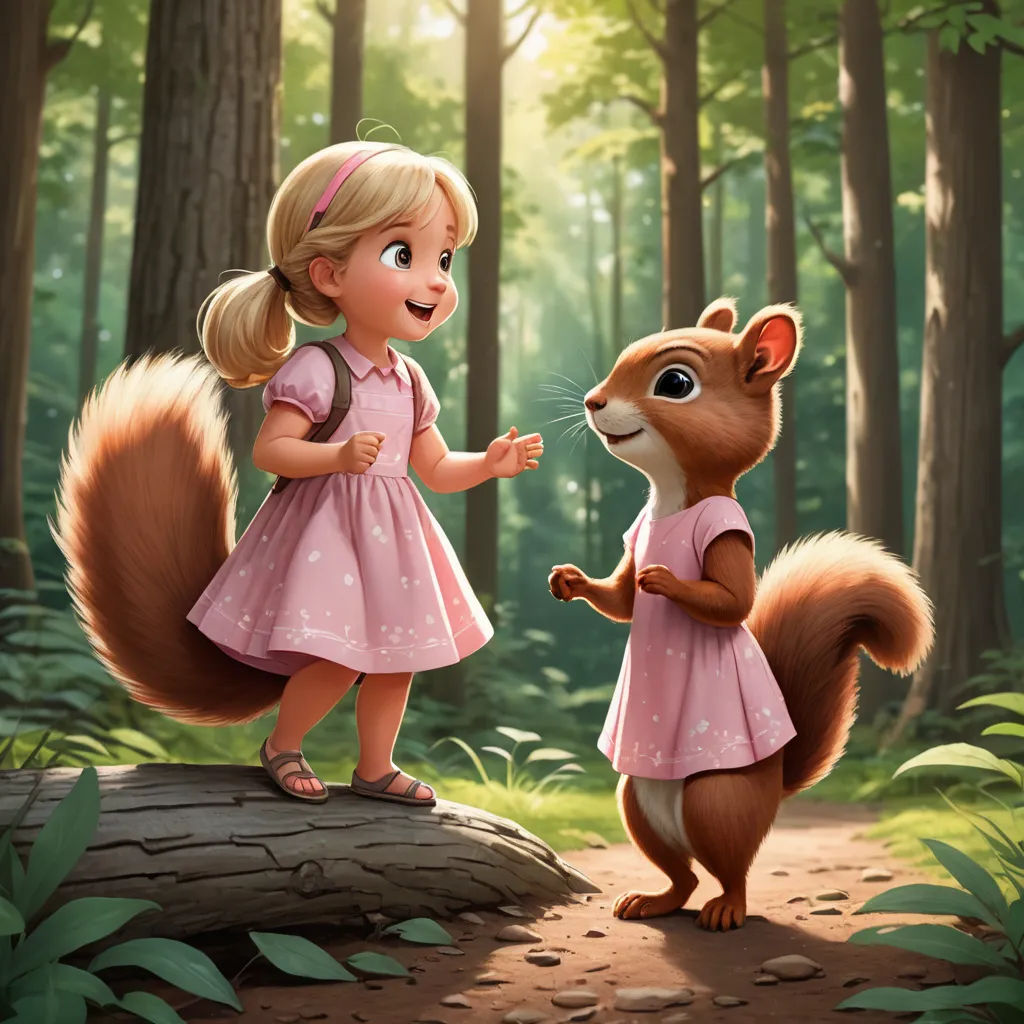 a little girl standing next to a squirrel in a forest with a forest background and sunlight shining through the trees, furry art, an oil painting, Chris LaBrooy, official art