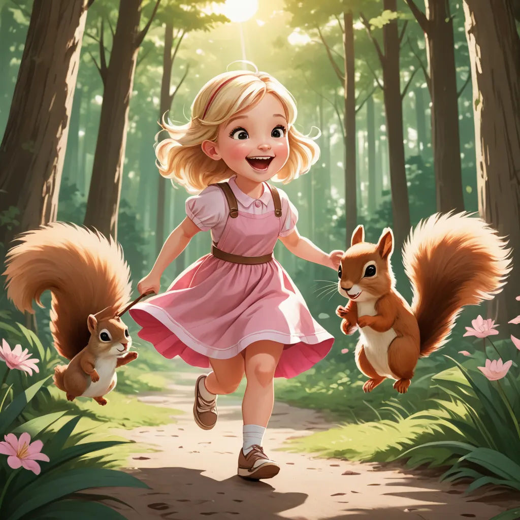 a girl in a pink dress is running with two squirrels in a forest with flowers and trees in the background, sots art, a storybook illustration, Chris LaBrooy, official art