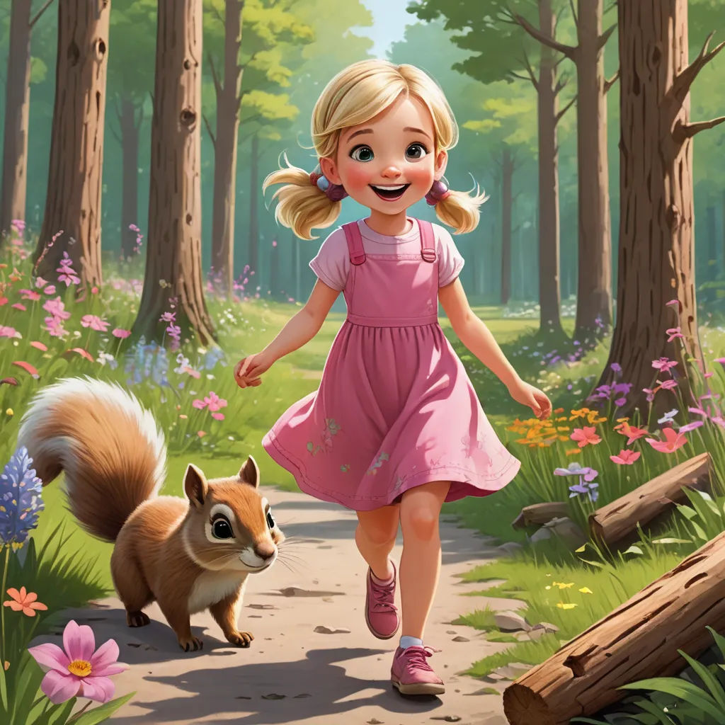 a little girl walking down a path with a squirrel on the side of it and a forest behind her, sots art, a storybook illustration, Chris LaBrooy, official art