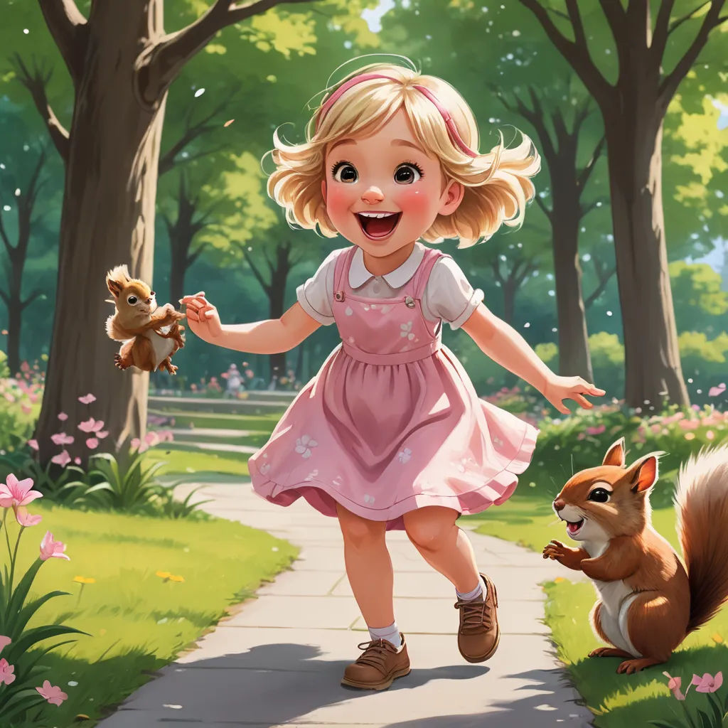 a little girl is running with a squirrel in a park with trees and flowers on the ground and a squirrel on the ground, american scene painting, a storybook illustration, Chris LaBrooy, trending on art station