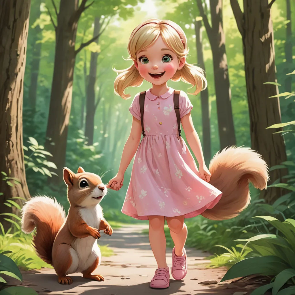 a little girl in a pink dress is holding a squirrel's tail and walking through a forest with a squirrel, furry art, a storybook illustration, Chippy, official art