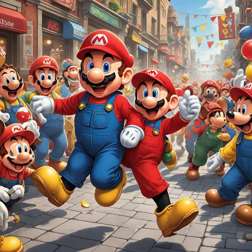 a group of people in mario and luigi's costumes are dancing in front of a crowd of people, sots art, concept art, Brothers Hildebrandt, official art