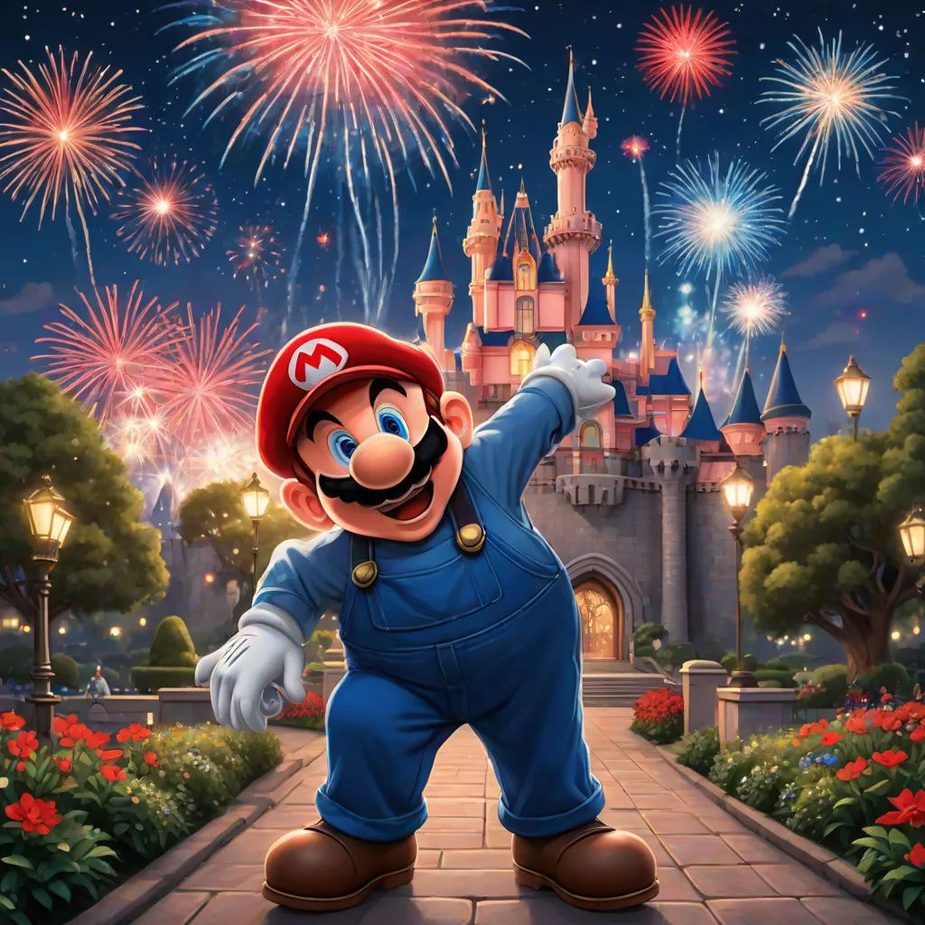 a mario in a blue jumpsuit and a castle with fireworks in the background and a person pointing at it, magical realism, a digital rendering, disney, pixar and disney animation