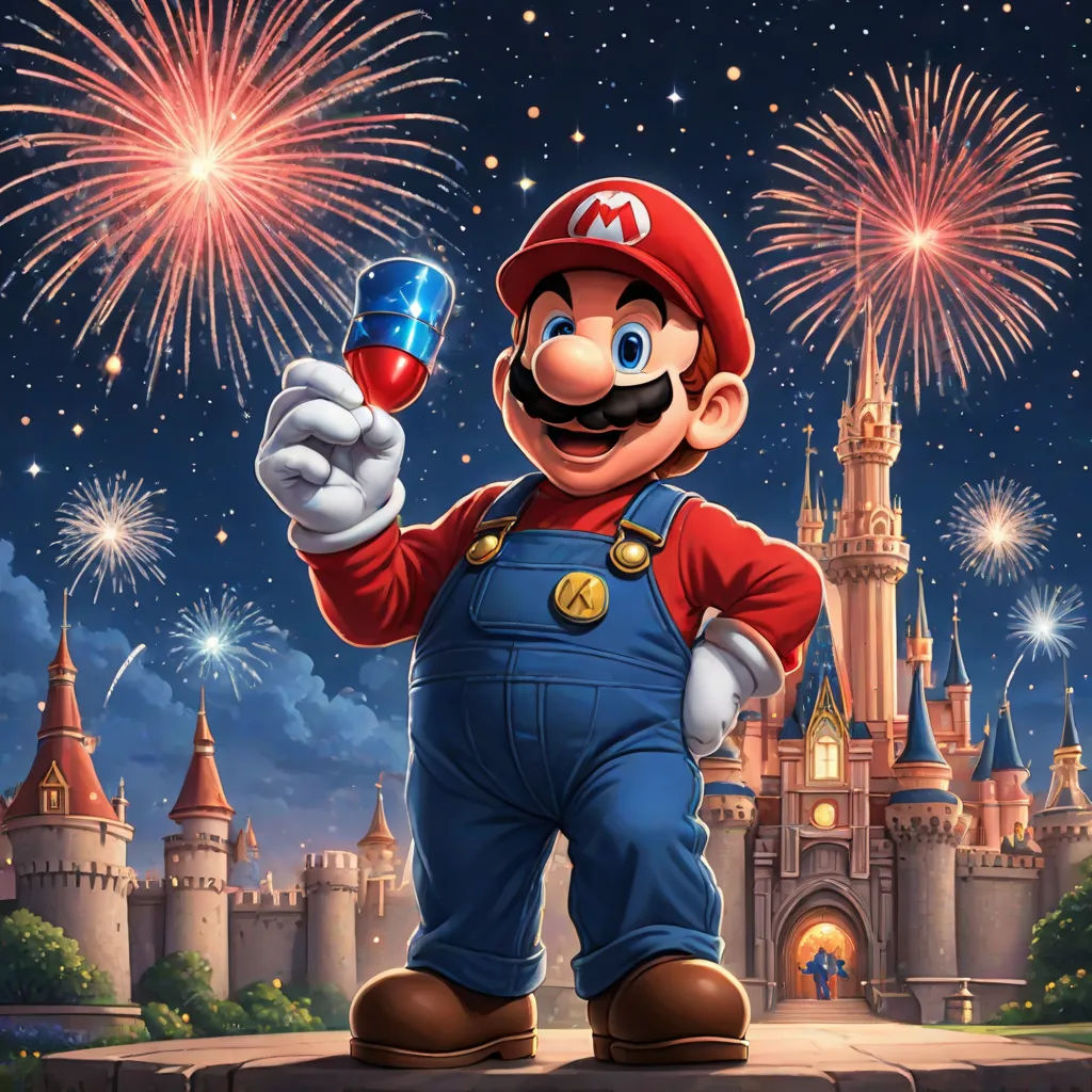 a cartoon character holding a nintendo wii game controller in front of a castle with fireworks in the sky and a castle in the background, sots art, a digital rendering, Dan Mumford, official art