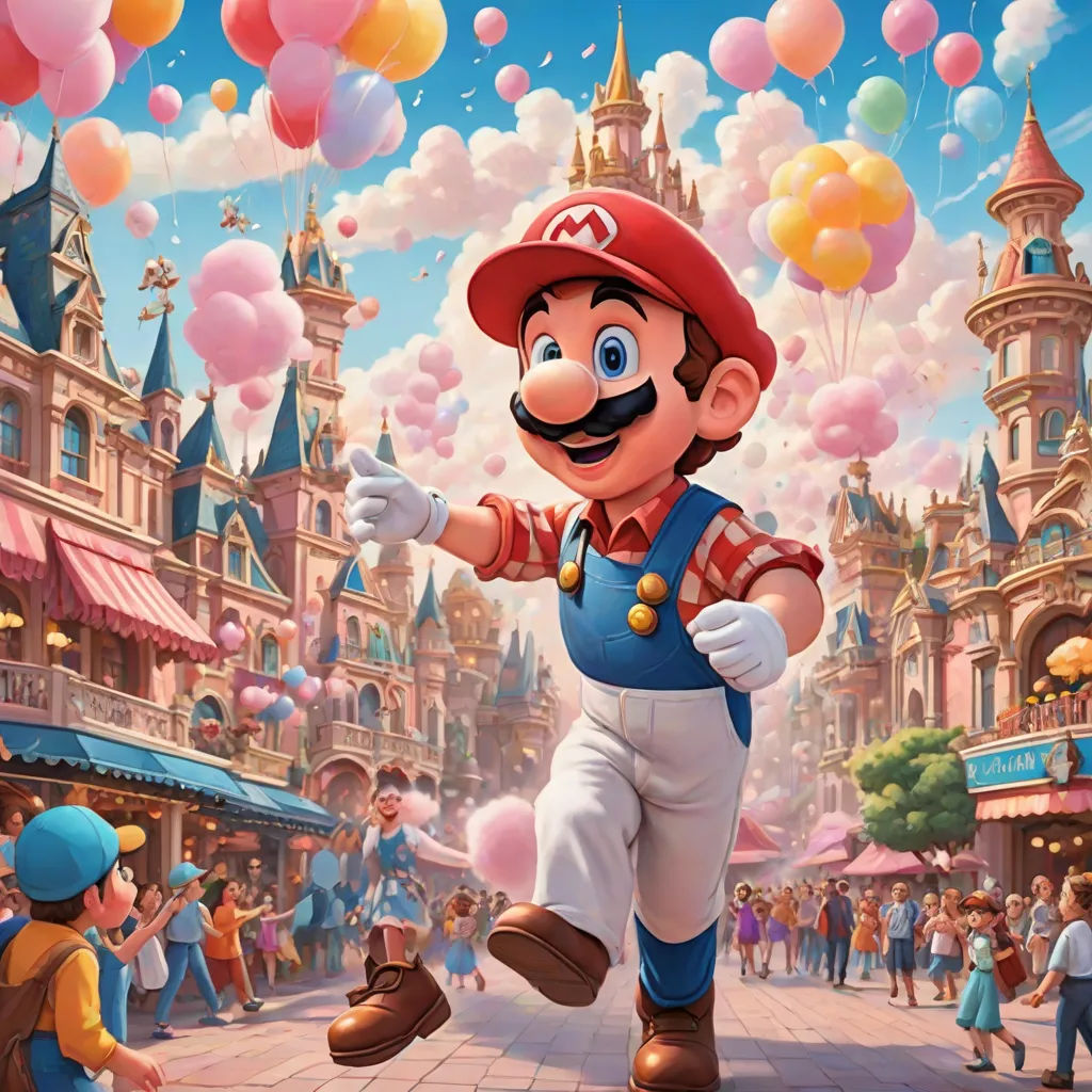 a cartoon character is running through a town with balloons in the air and people in the background watching him, sots art, an ultrafine detailed painting, Chris LaBrooy, official art