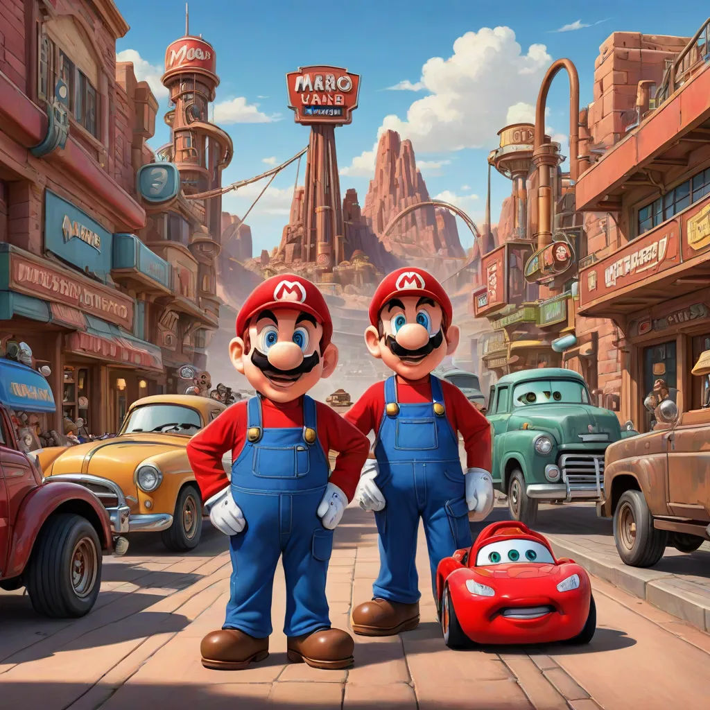 two cartoon characters standing in front of a city street with cars and buildings in the background, with a sign that says mario and luigi, sots art, a detailed matte painting, disney, official art