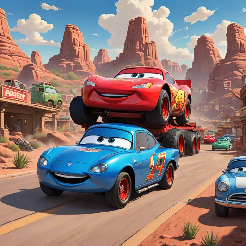 a cartoon scene of cars driving down a road with a mountain in the background and a sky background with clouds, sots art, concept art, disney, pixar and disney animation