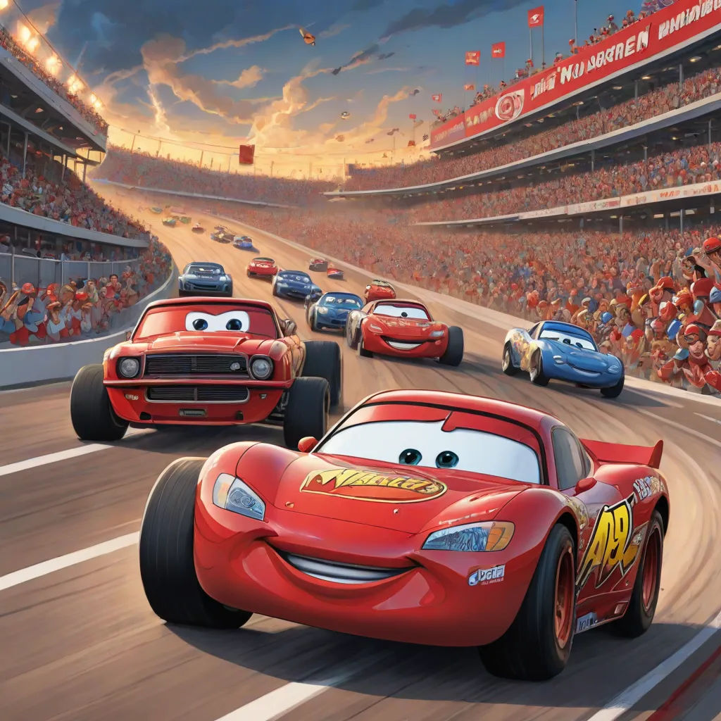 a cartoon character is racing cars in a race track with a crowd of people watching from the stands in the stands, sots art, an ultrafine detailed painting, Christopher Moeller, pixar and disney animation