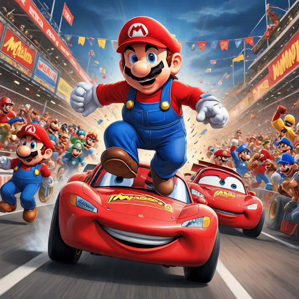 a cartoon character is riding a car in front of a crowd of people in a race track with mario and luigi, sots art, concept art, Coppo di Marcovaldo, official art