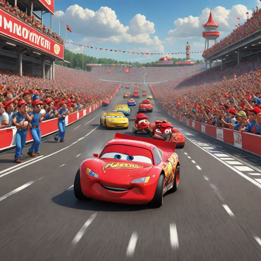 a scene from the movie cars 2, with a group of people watching them from the stands in the stands, photorealism, concept art, disney, pixar and disney animation