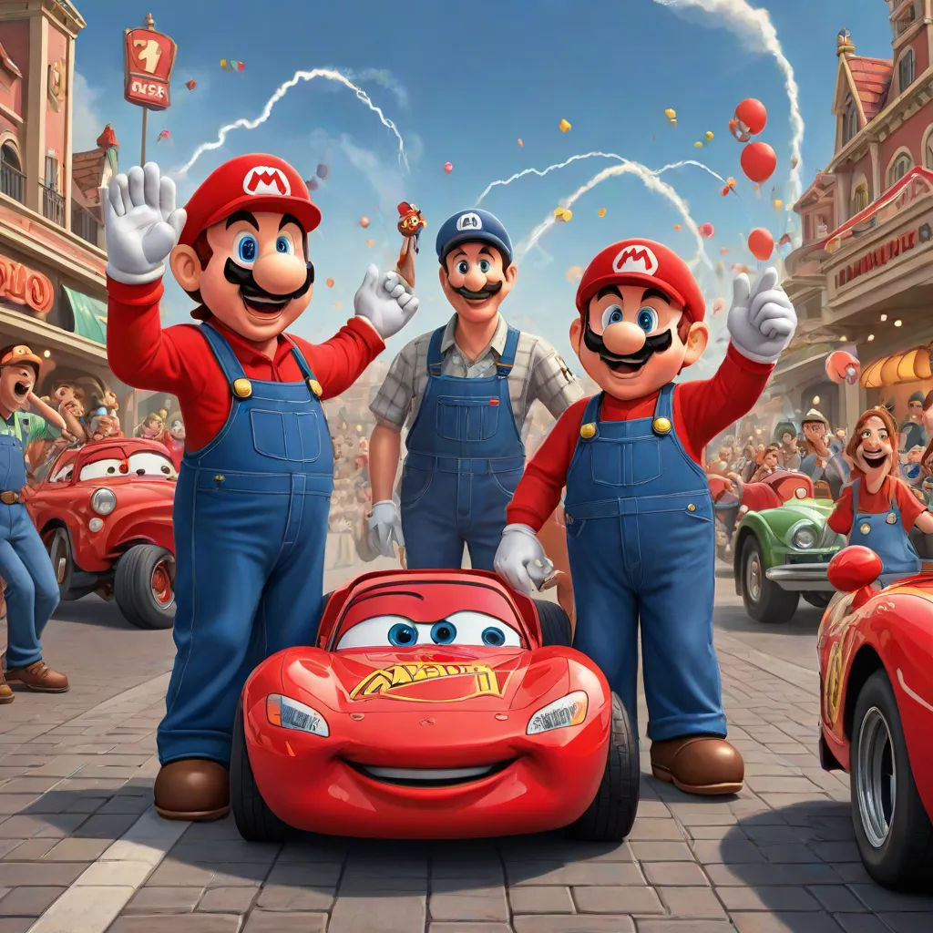 a group of people standing next to a car in a street with cars and people in the background wearing costumes, sots art, concept art, Chris LaBrooy, official art