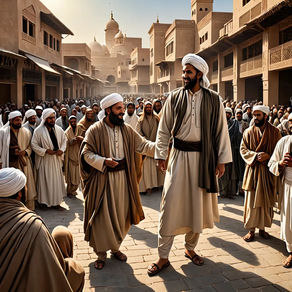 a group of men standing around each other in a courtyard with a crowd of people in the background and a man in a white turban, hurufiyya, a detailed matte painting, Altoon Sultan, cinematic photography