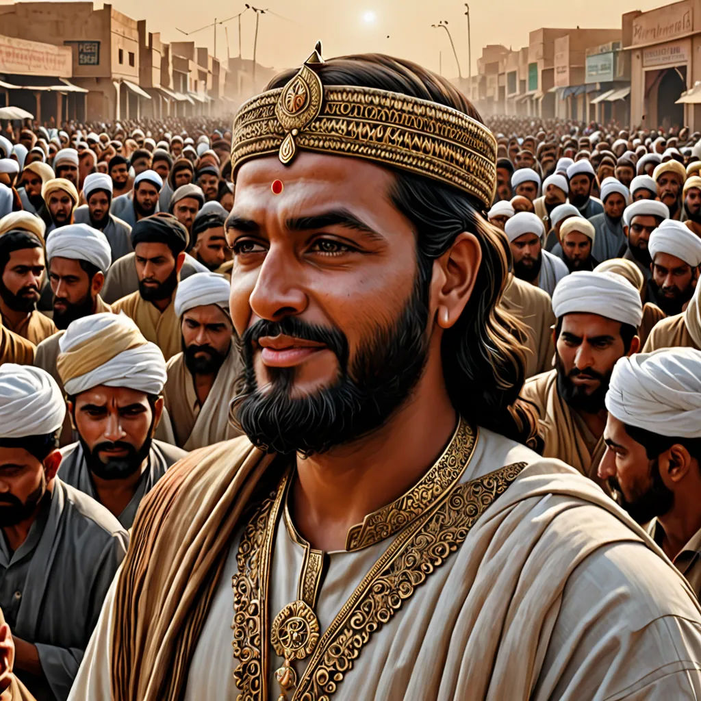 a man in a crowd of men in a religious place with a beard and a turban on, samikshavad, a detailed matte painting, Altoon Sultan, highly detailed digital painting