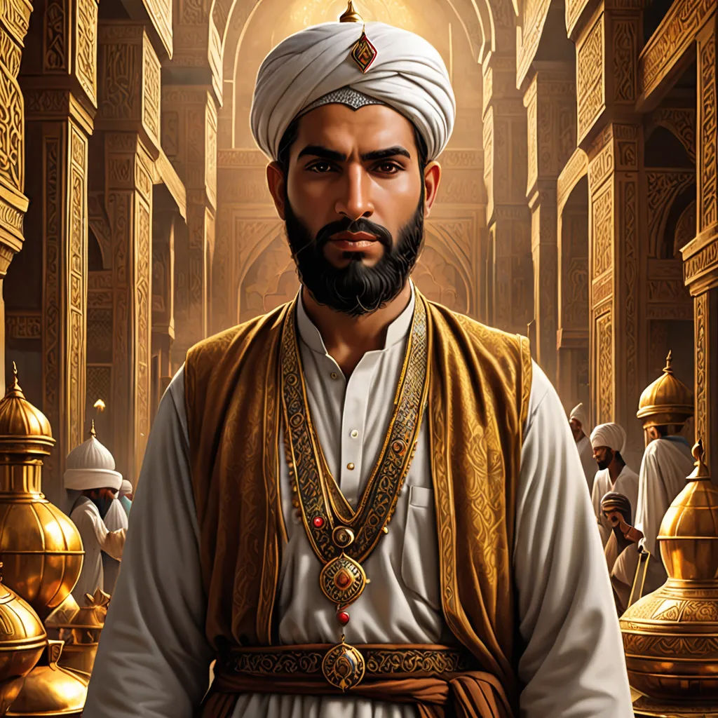a man in a turban standing in a room with gold and white decorations on it's walls, hurufiyya, a character portrait, Altoon Sultan, highly detailed digital painting