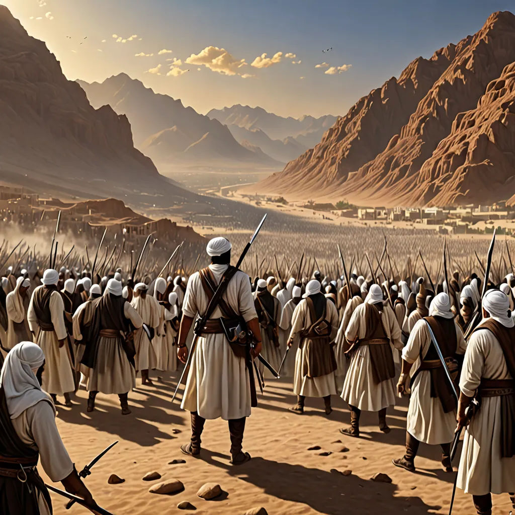 a painting of a group of men in desert like outfits with swords and helmets on their heads, with mountains in the background, dau-al-set, a detailed matte painting, Farid Mansour, cinematic matte painting