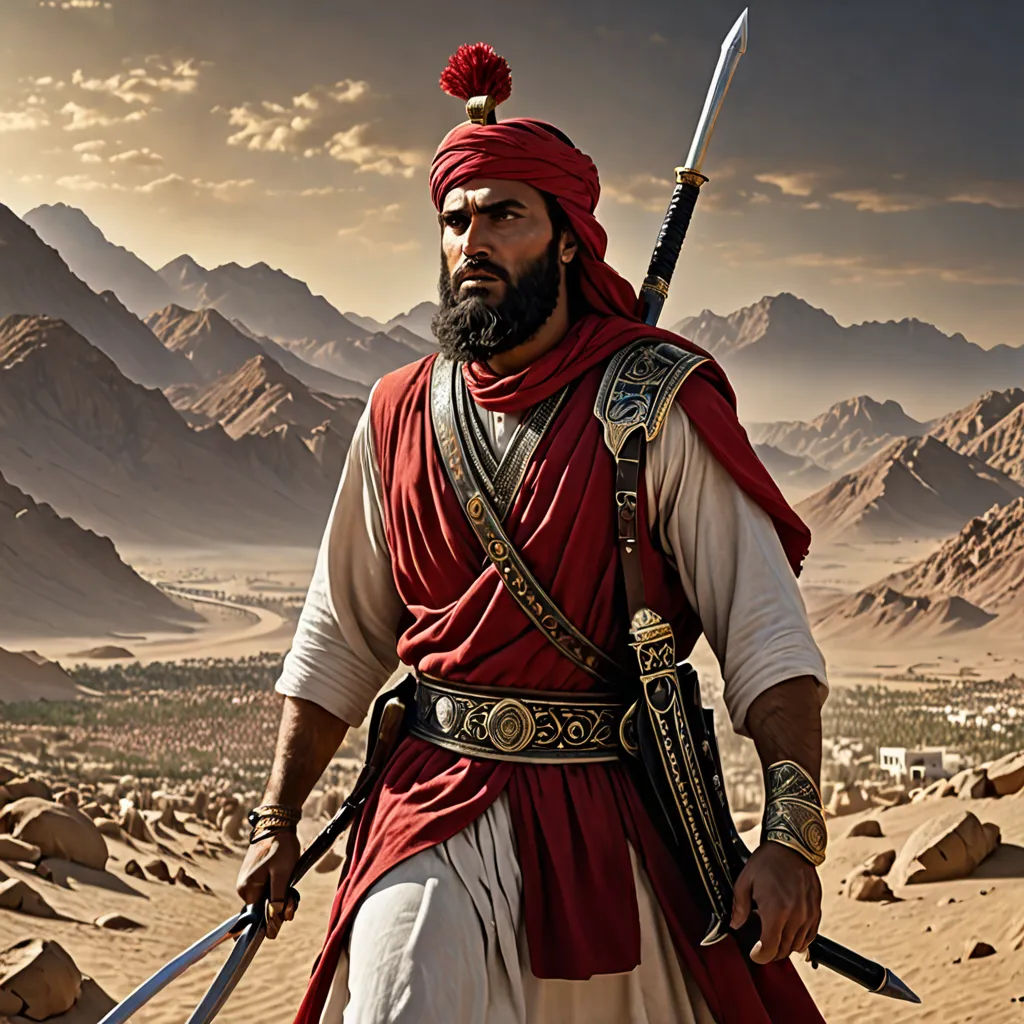 a man in a red turban holding a sword and a sword in his hand in a desert, dau-al-set, a detailed matte painting, Altoon Sultan, promotional image