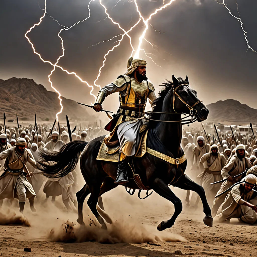 a man riding a horse in front of a large group of men on horseback in a lightning storm over a desert, shock art, a detailed matte painting, Farid Mansour, cinematic lightning