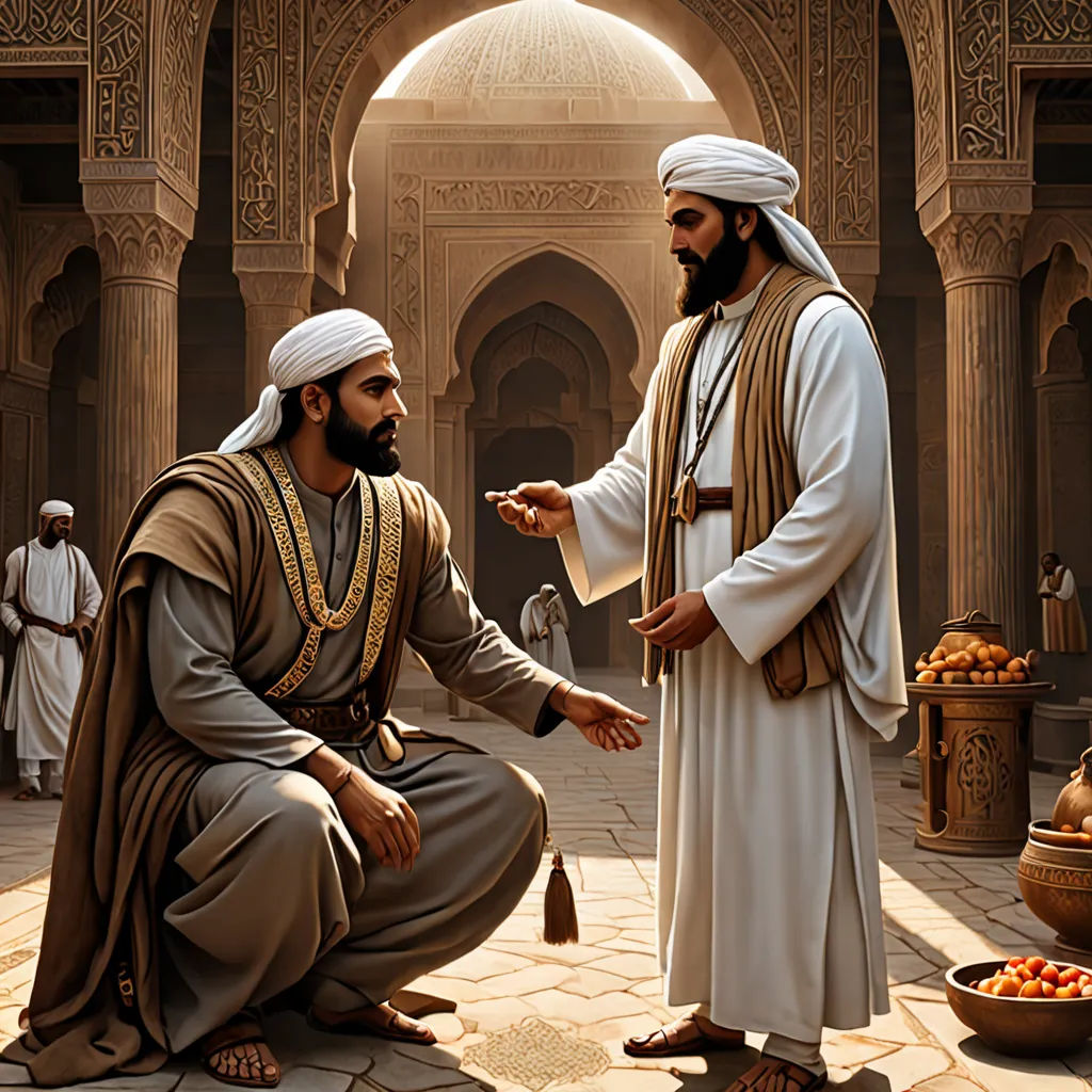 a painting of two men in a courtyard talking to each other and a bowl of fruit in the foreground, unilalianism, a storybook illustration, Fathi Hassan, orientalism