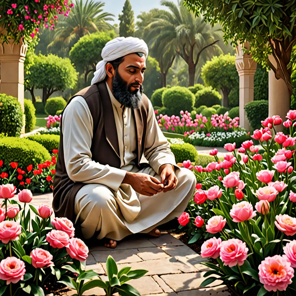 a man sitting in a garden surrounded by flowers and trees, with a painting of a man in a turban, qajar art, a painting, Ahmed Karahisari, highly detailed digital painting