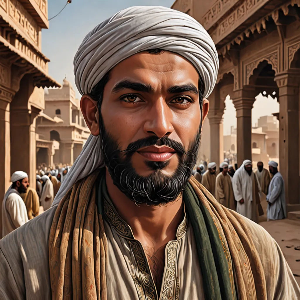 a man with a turban and a beard in a courtyard of a building with people around him, hurufiyya, a detailed painting, Amir Zand, highly detailed digital painting