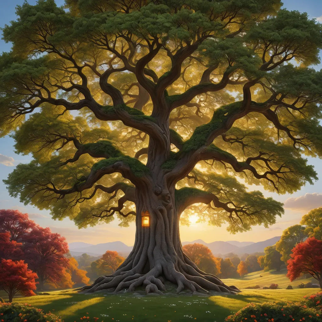 a painting of a tree with a light shining through the leaves on it's trunk and branches, with a grassy field below, magical realism, a detailed matte painting, Chris LaBrooy, highly detailed digital painting