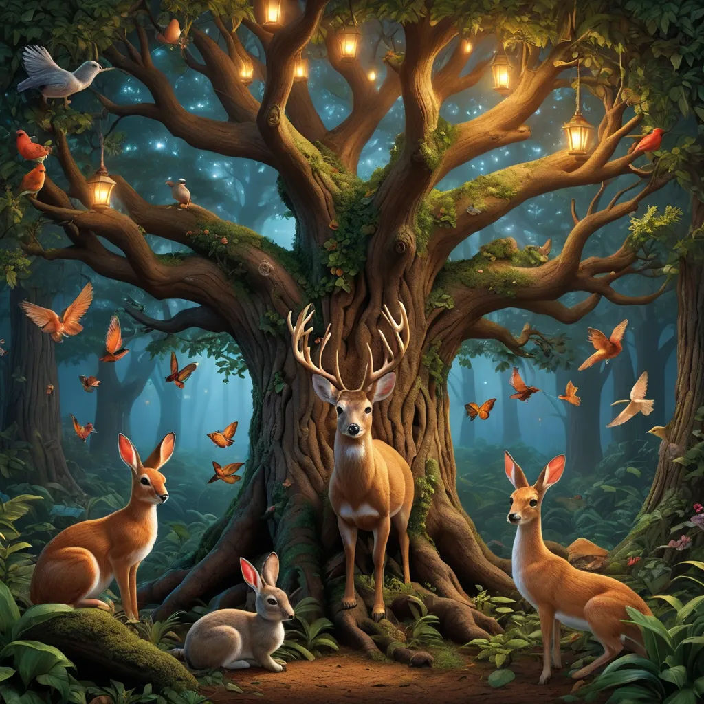 a painting of deer and birds in a forest with a tree and butterflies in the background with a lantern light, magic realism, a storybook illustration, Chris LaBrooy, highly detailed digital painting
