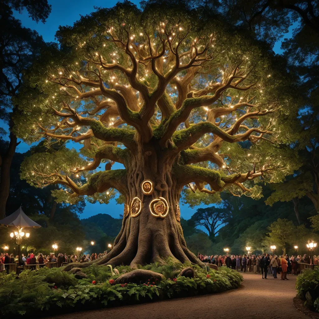 a large tree with a clock on it's face in a park at night with people walking around, magical realism, a storybook illustration, Bob Ringwood, magical atmosphere