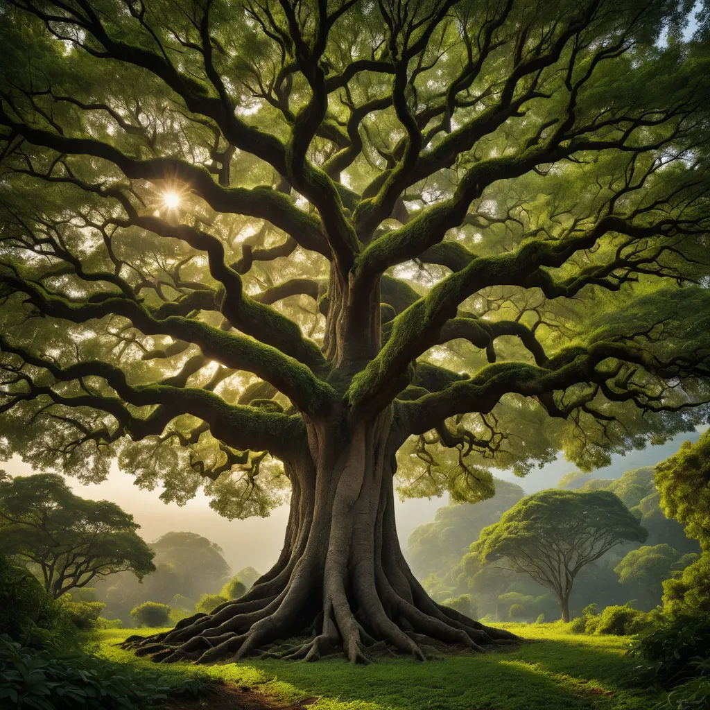 a large tree with a lot of branches on it's sides and a sun shining through the leaves, naturalism, a photorealistic painting, David Martin, award-winning photograph