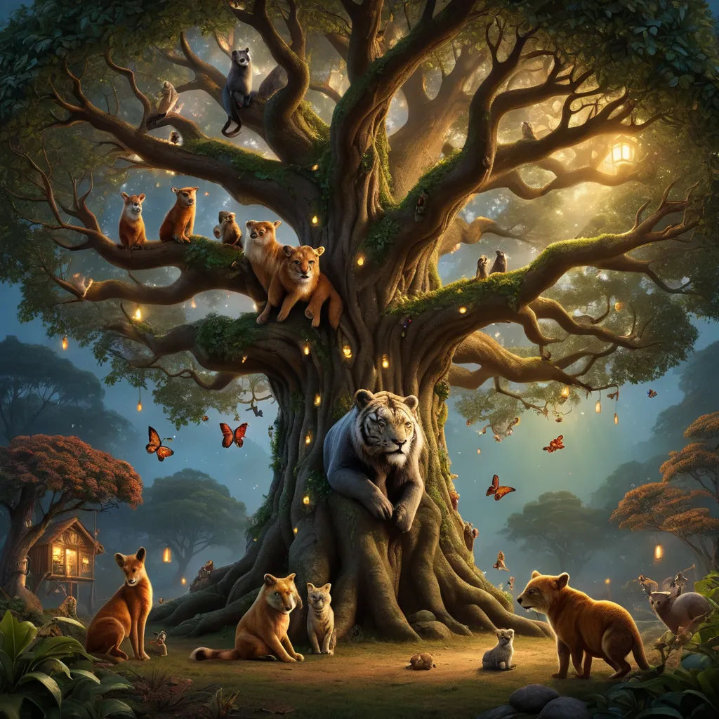 a painting of a tree with animals around it and a light up tree with a house on it and a lot of butterflies, fantasy art, a storybook illustration, Chris LaBrooy, highly detailed digital painting