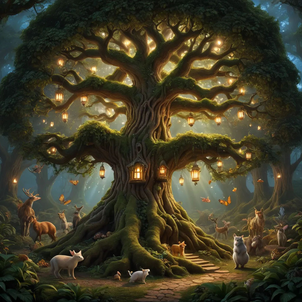 a painting of a tree with animals around it and a lantern in the middle of the tree with lights, magical realism, a storybook illustration, Chris LaBrooy, magical atmosphere