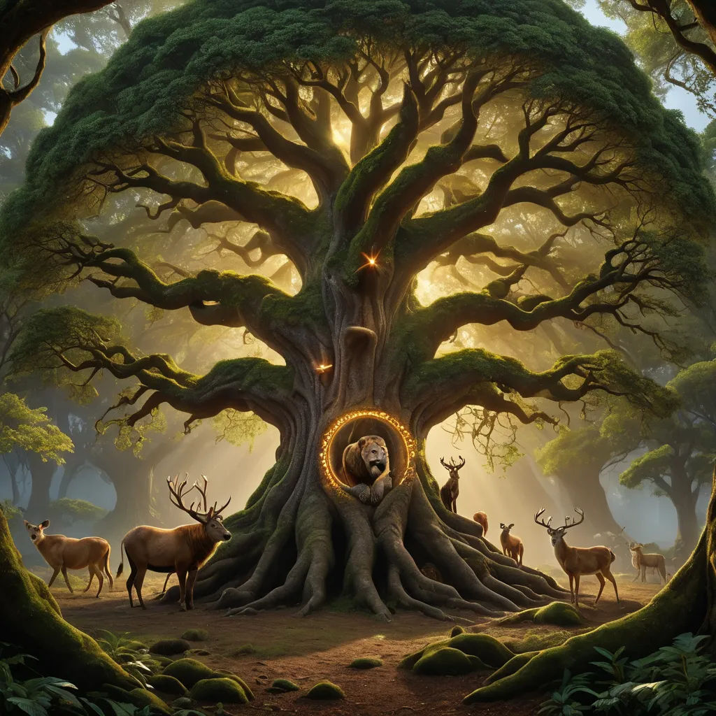 a painting of a tree with a ring around it's base and animals around it, in the middle of a forest, fantasy art, a detailed matte painting, Chris LaBrooy, highly detailed digital painting