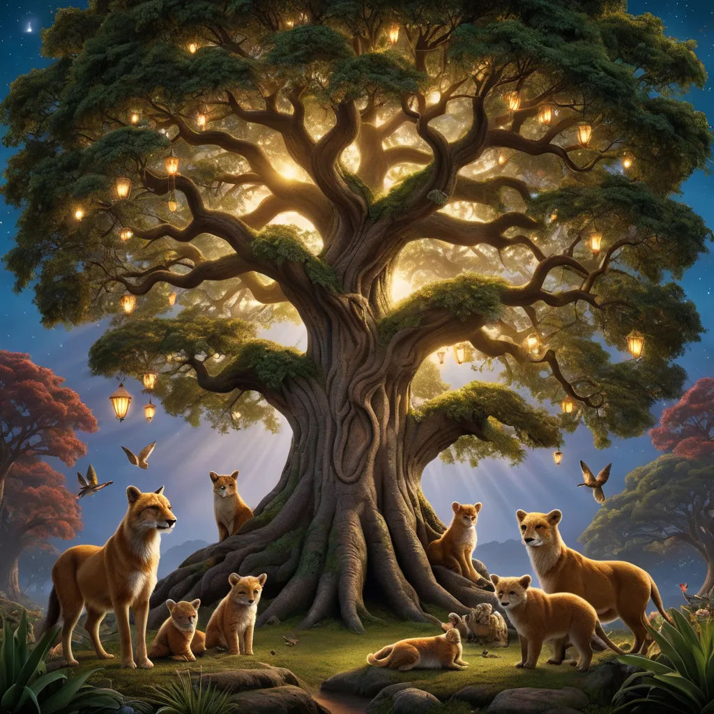 a painting of a tree with many animals around it and a bird flying over it, and a bird flying over the tree, fantasy art, a storybook illustration, Chris LaBrooy, kinkade