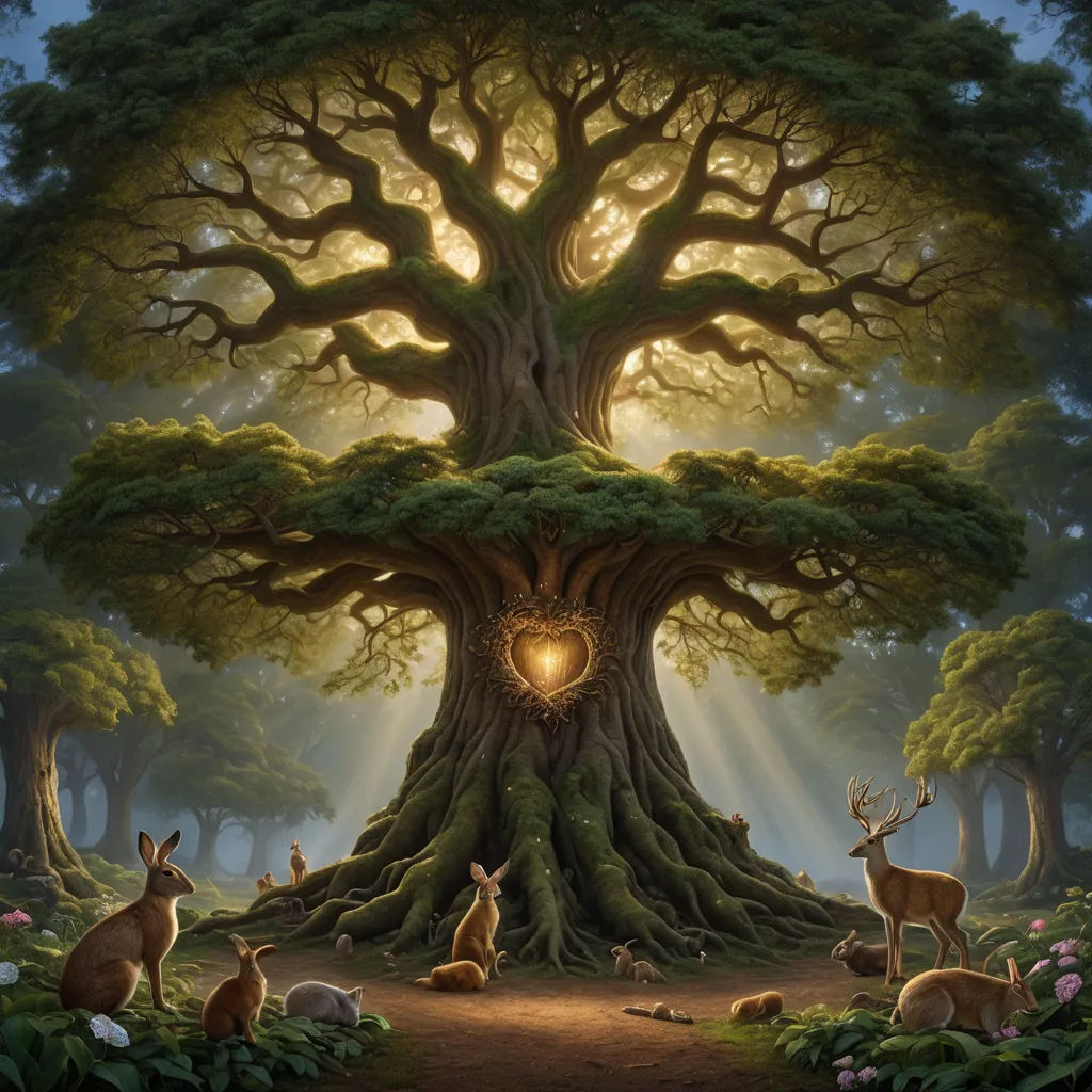 a painting of a tree with a heart shaped light in the middle of it's trunk and animals around it, magical realism, a storybook illustration, Anne Stokes, highly detailed digital painting
