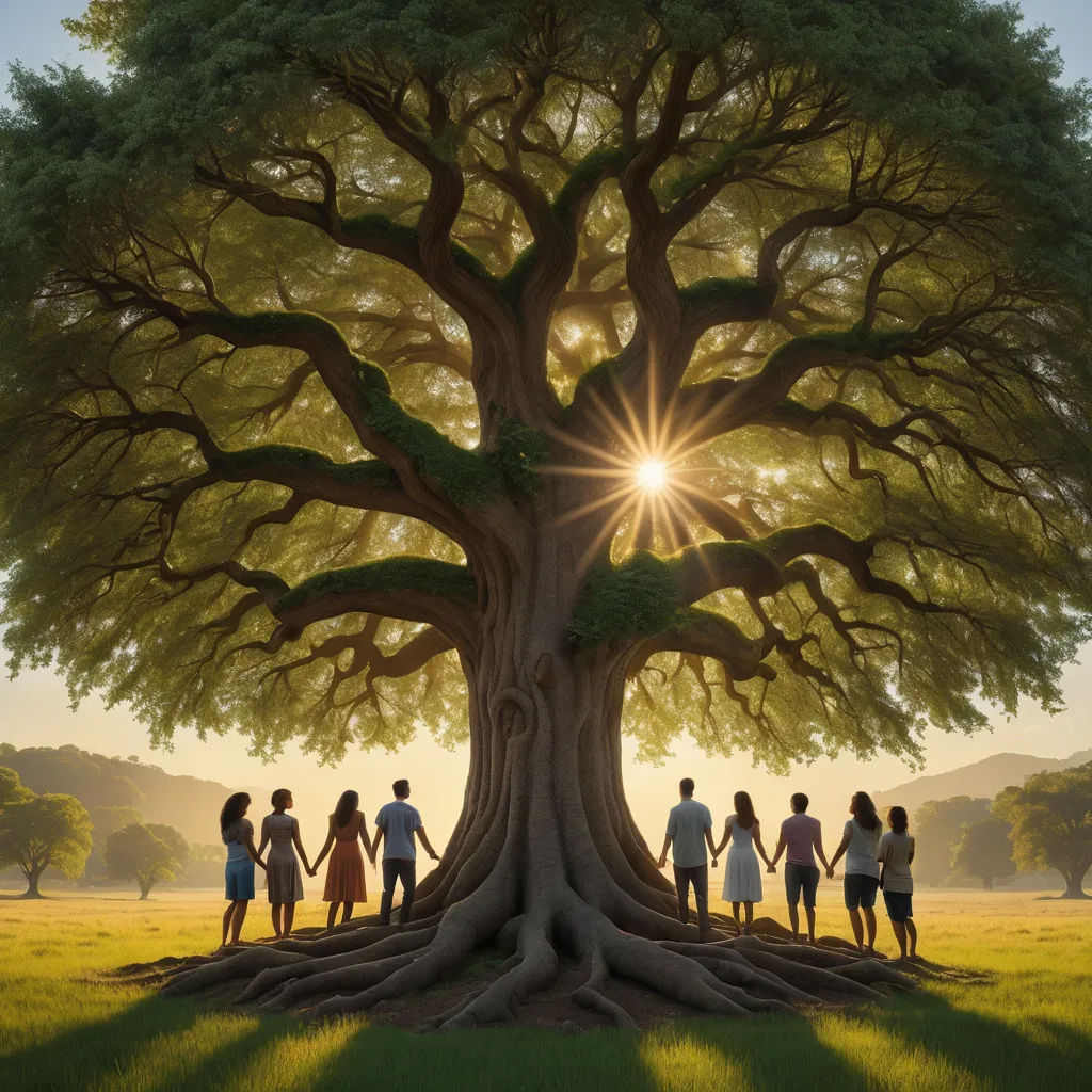 a group of people standing under a large tree in a field with the sun shining through the leaves on the tree, incoherents, a poster, Chris LaBrooy, promotional image