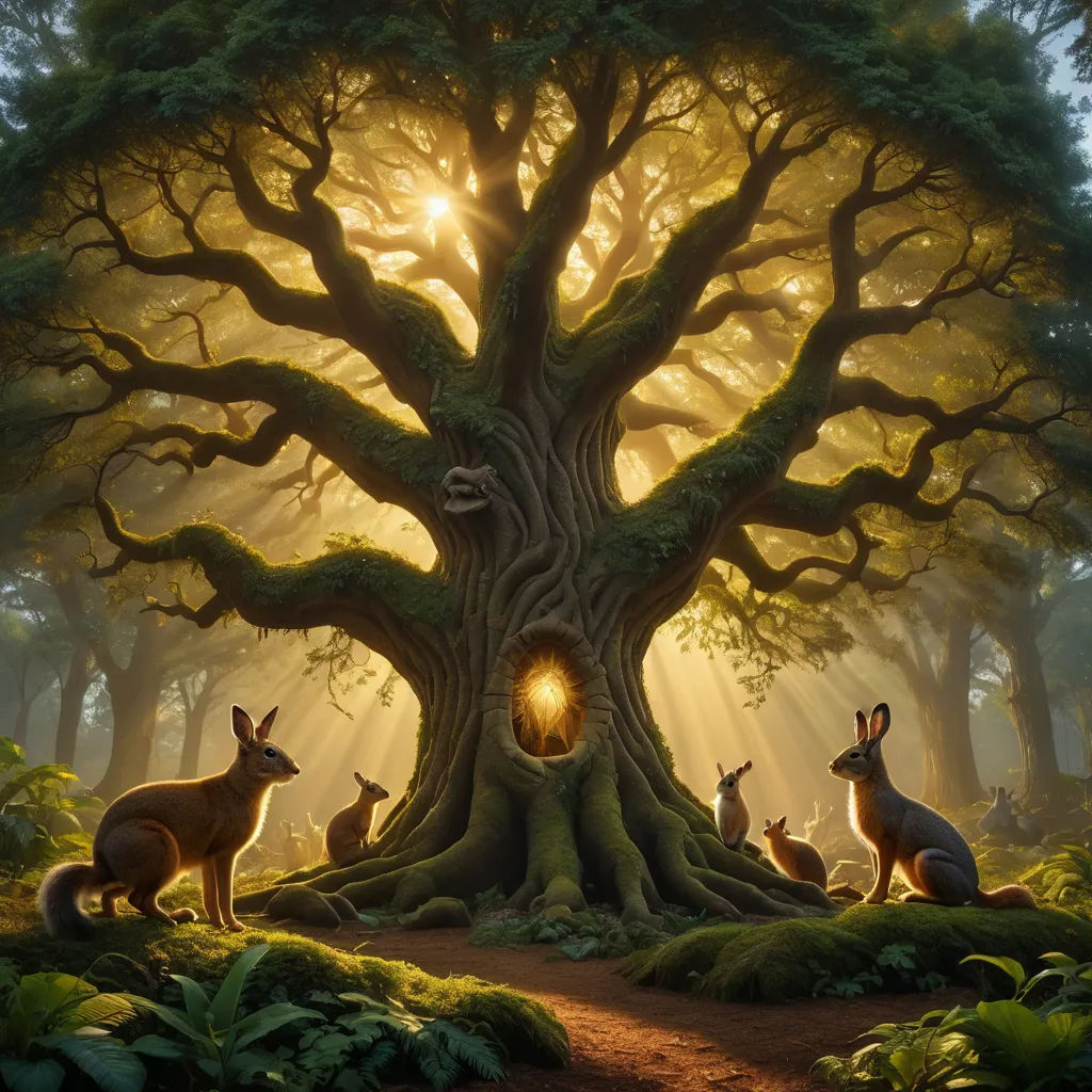 a painting of a forest with a tree and animals in it's habitat, with the sun shining through the trees, magical realism, a storybook illustration, Chris LaBrooy, storybook illustration