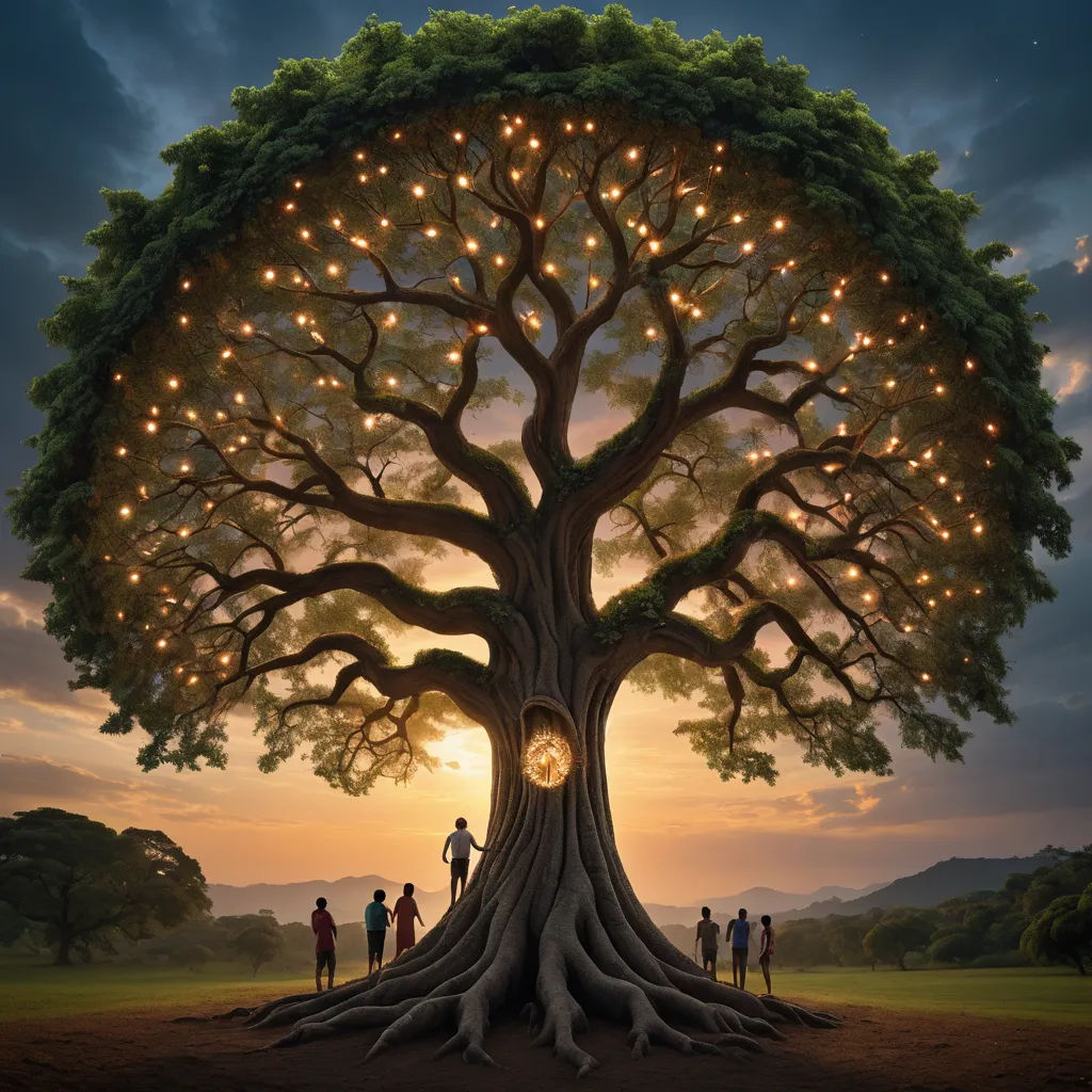 a tree with a lot of lights on it's trunk and a group of people standing around it, environmental art, a storybook illustration, Chris LaBrooy, highly detailed digital painting