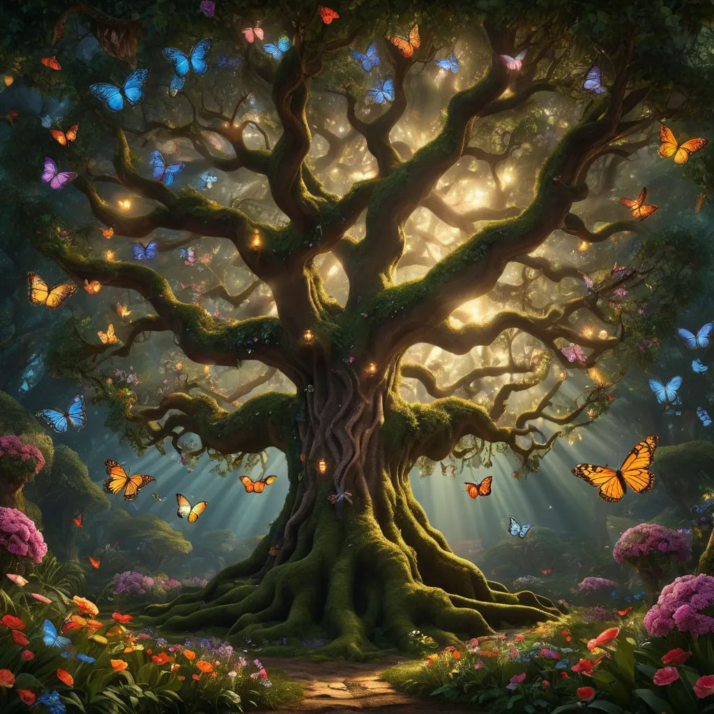 a painting of a tree with butterflies flying around it and a path leading to it with a light trail leading to the tree, magical realism, a storybook illustration, Anne Stokes, enchanting