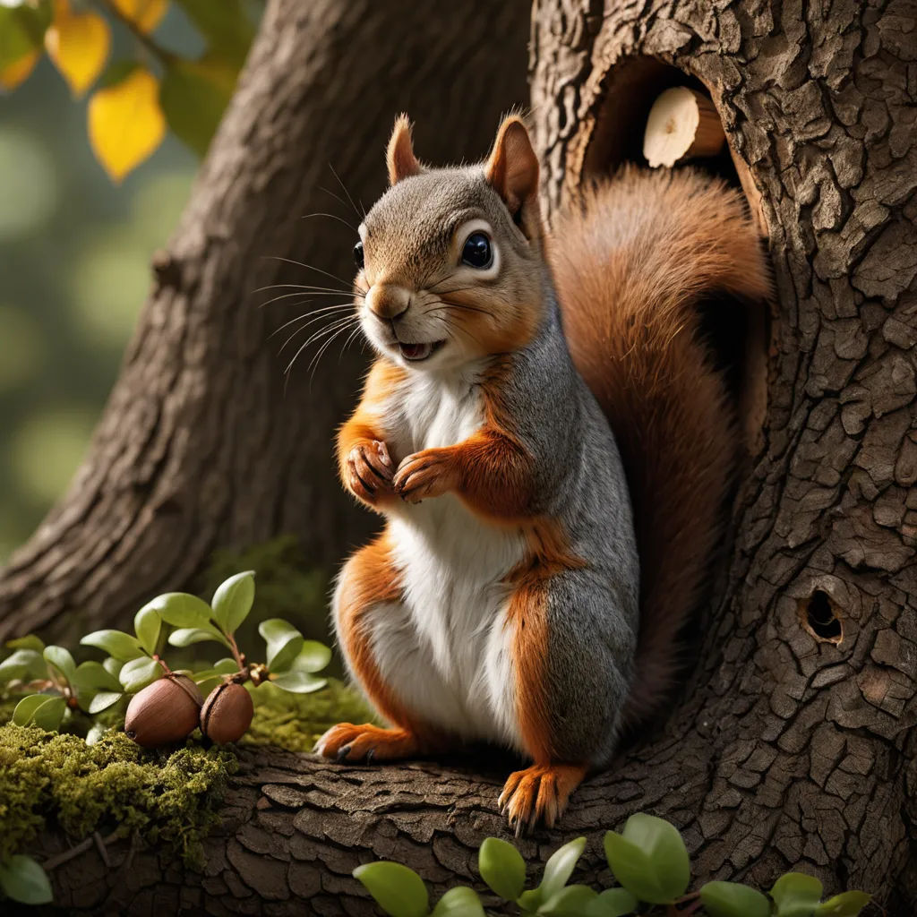 a squirrel is sitting on a tree branch and looking at the camera with a surprised look on its face, photorealism, a 3D render, Chris LaBrooy, cgstudio