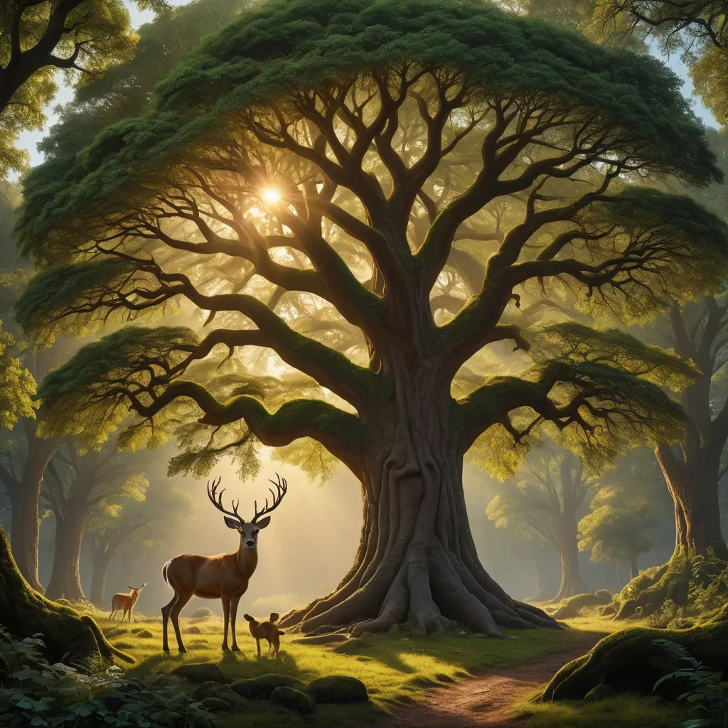 a painting of a deer and its baby in a forest with a sun shining through the trees and a tree trunk, magic realism, a detailed matte painting, Eyvind Earle, forest