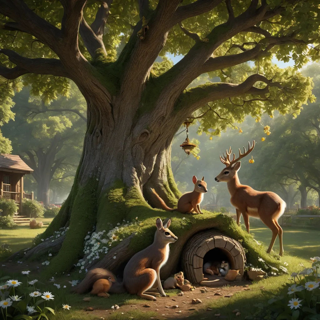 a painting of deer in a forest with a tree and a hut in the background with a bird flying over it, fantasy art, a storybook illustration, Chris LaBrooy, storybook illustration